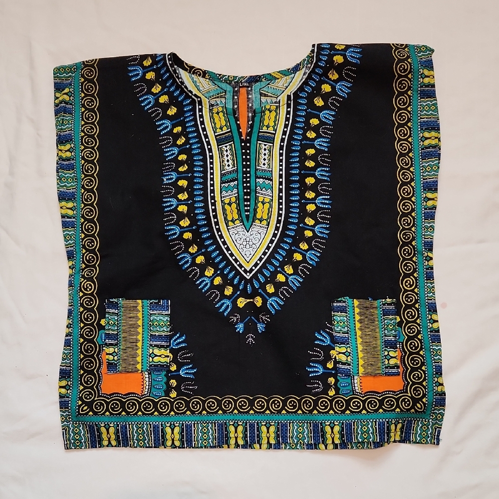 Black Dashiki Top with Blue, Yellow & Green Pattern Sz S